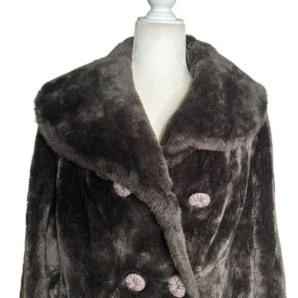 Vintage 70s Double Breasted Faux Fur Coat Large Buttons Pockets Orange Lining - Picture 2 of 10